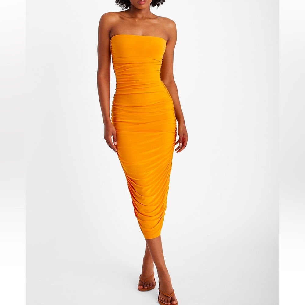 Strapless Ruched Midi Sheath Dress